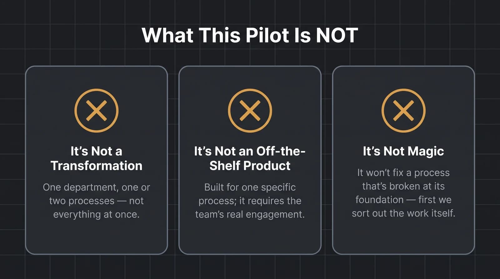 What the AI implementation pilot is not: not a transformation, not off-the-shelf, not magic