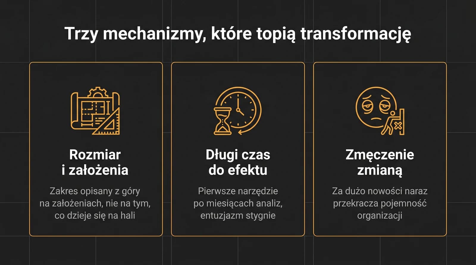 Trzy mechanizmy, które topią wielką transformację cyfrową: rozmiar i założenia (zakres opisany z góry, nie na realiach hali), długi czas do pierwszego efektu (entuzjazm stygnie), oraz zmęczenie zmianą (za dużo nowości naraz przekracza pojemność organizacji).