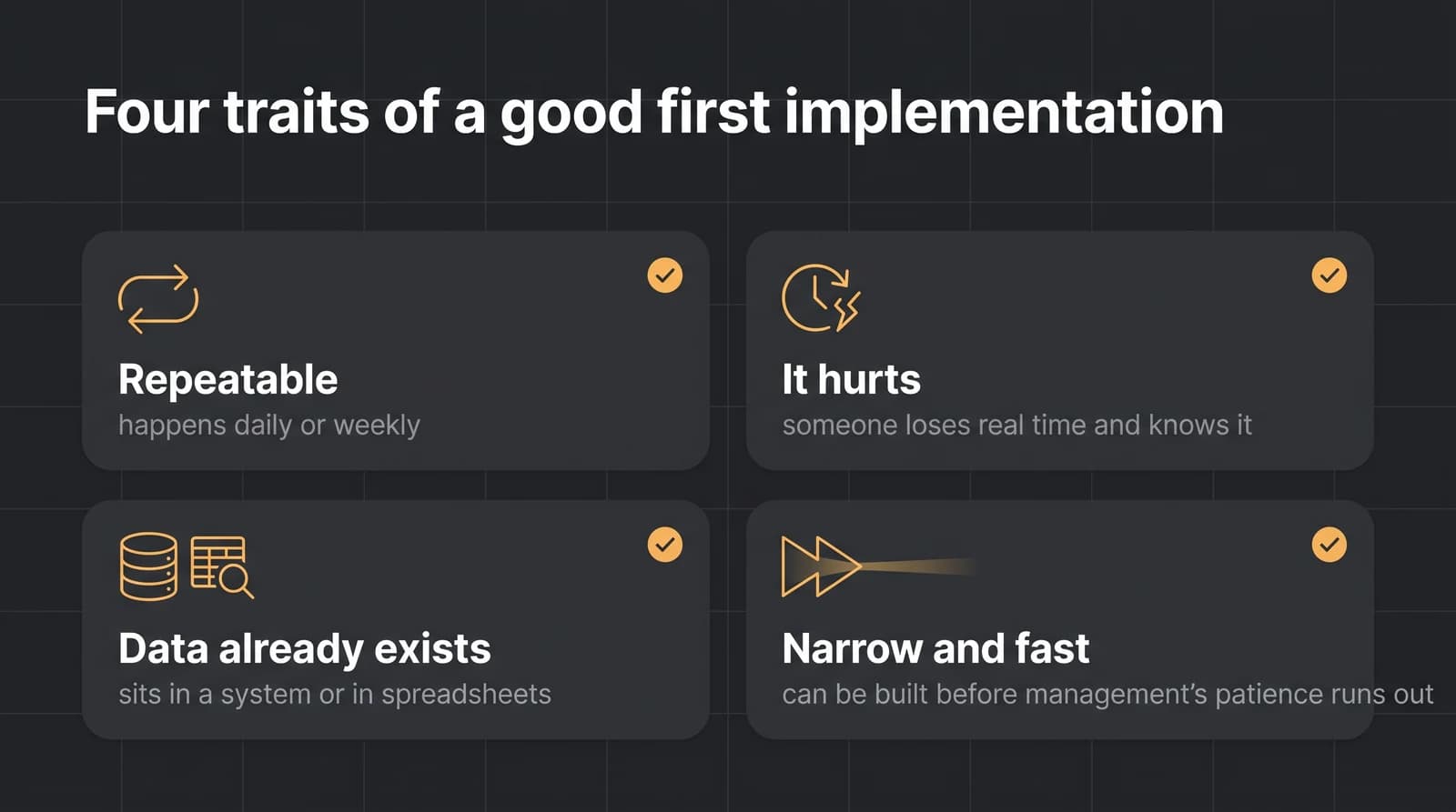 Four traits of a good first AI use case: repeatable, painful, data already available, narrow and fast to build.