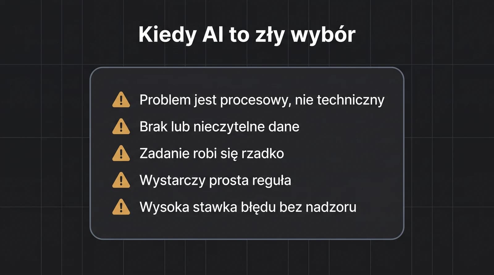 Pięć sygnałów, że AI to zły wybór: problem jest procesowy nie techniczny, brak lub nieczytelne dane, zadanie robi się rzadko, wystarczy prosta reguła, wysoka stawka błędu bez nadzoru.