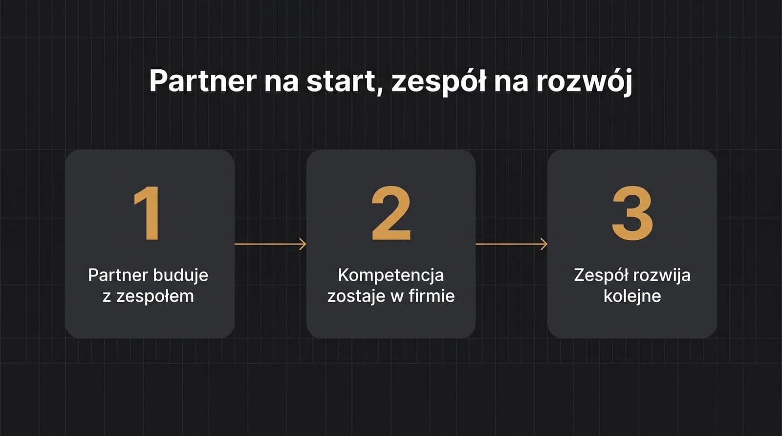 Model współpracy w trzech krokach: partner buduje pierwsze wdrożenie razem z zespołem, kompetencja zostaje w firmie, zespół rozwija kolejne wdrożenia.