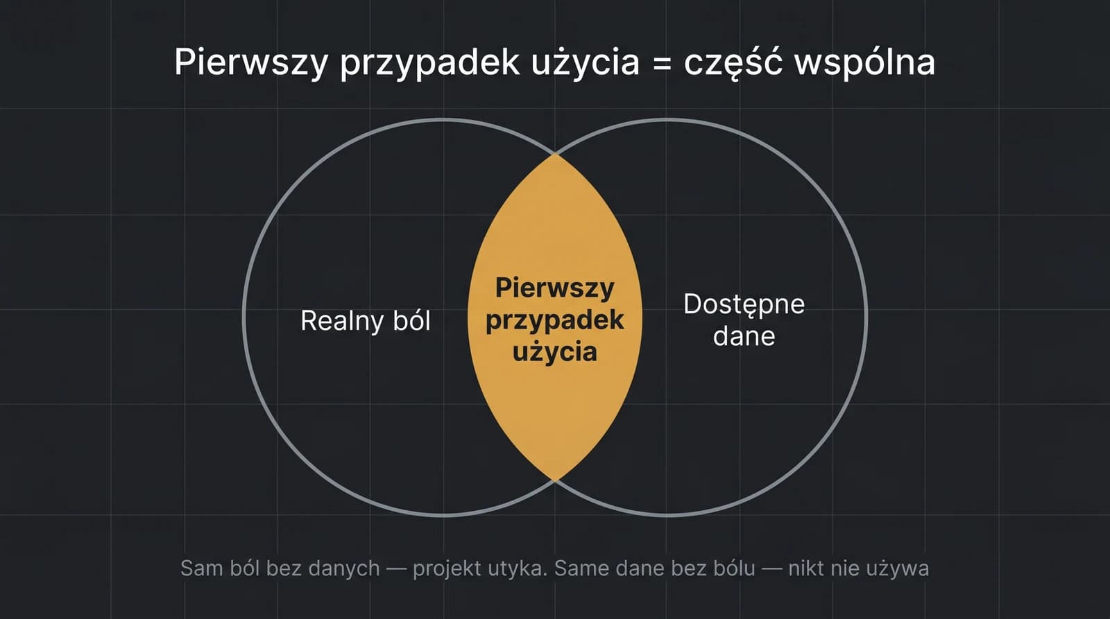 Diagram Venna: pierwszy przypadek użycia AI leży w części wspólnej dwóch zbiorów — realnego bólu procesu i dostępnych danych; sam ból bez danych powoduje, że projekt utyka, a same dane bez bólu, że nikt z rozwiązania nie korzysta.
