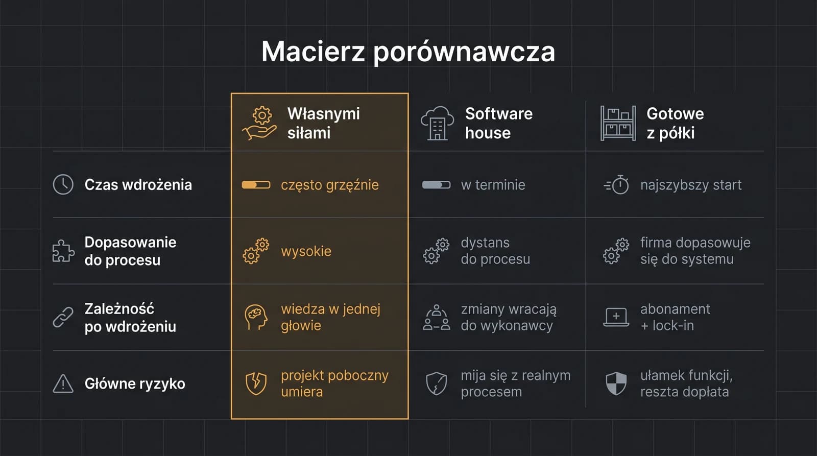 Macierz porównawcza trzech dróg wdrożenia AI: własnymi siłami, software house i gotowe z półki